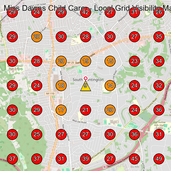 Miss Dawns Child Care GeoGrid visibility map for Day Care Center in Huntington
